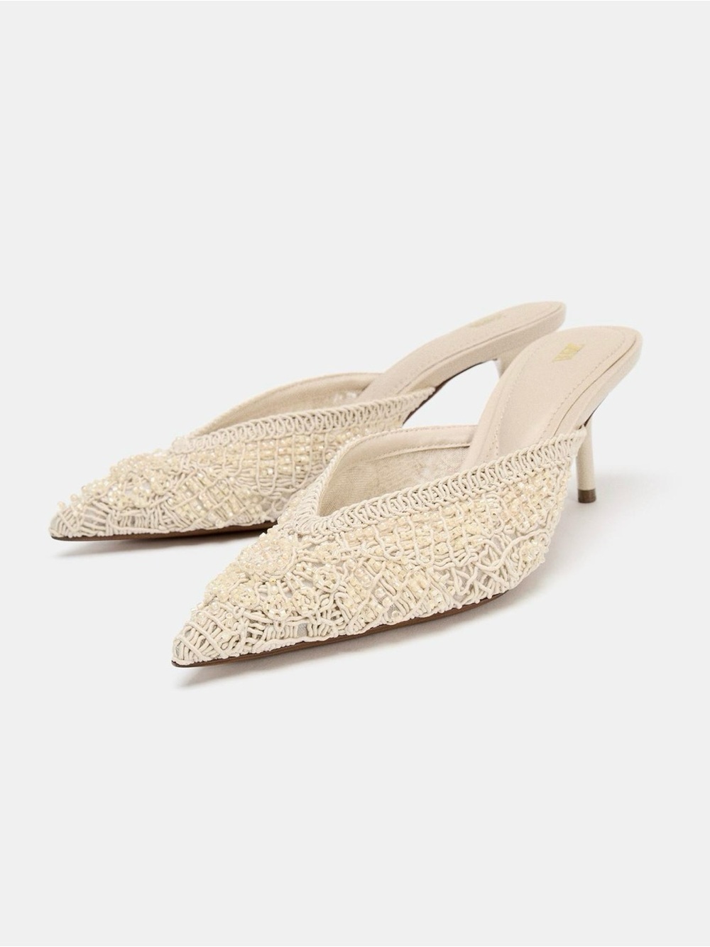 Zara Cream Woven Pointed-Toe Mule Heels